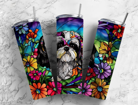 Shih tzu colorful 20oz Sublimation Tumbler Designs, Floral stained glass 9.2 x 8.3” Straight Skinny Tumbler Wrap PNG