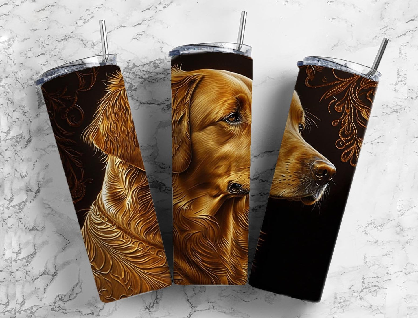 Tooled leather golden retriever 20oz Sublimation Tumbler Designs, Engraved leather 9.2 x 8.3” Straight Skinny Tumbler Wrap PNG