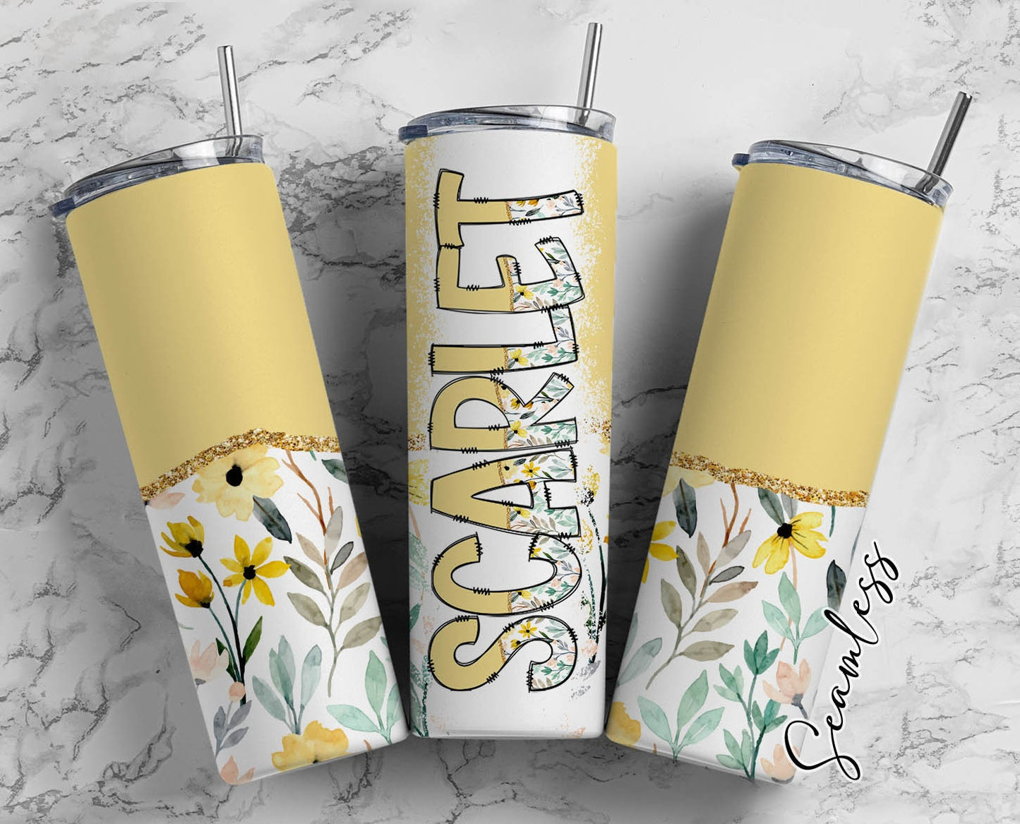 Yellow Flower Tumbler Wrap with Matching Doodle Letter Alphabet PNG, Floral Aesthetic Add your Own name 20oz Tumbler, Alpha Set PNG 141