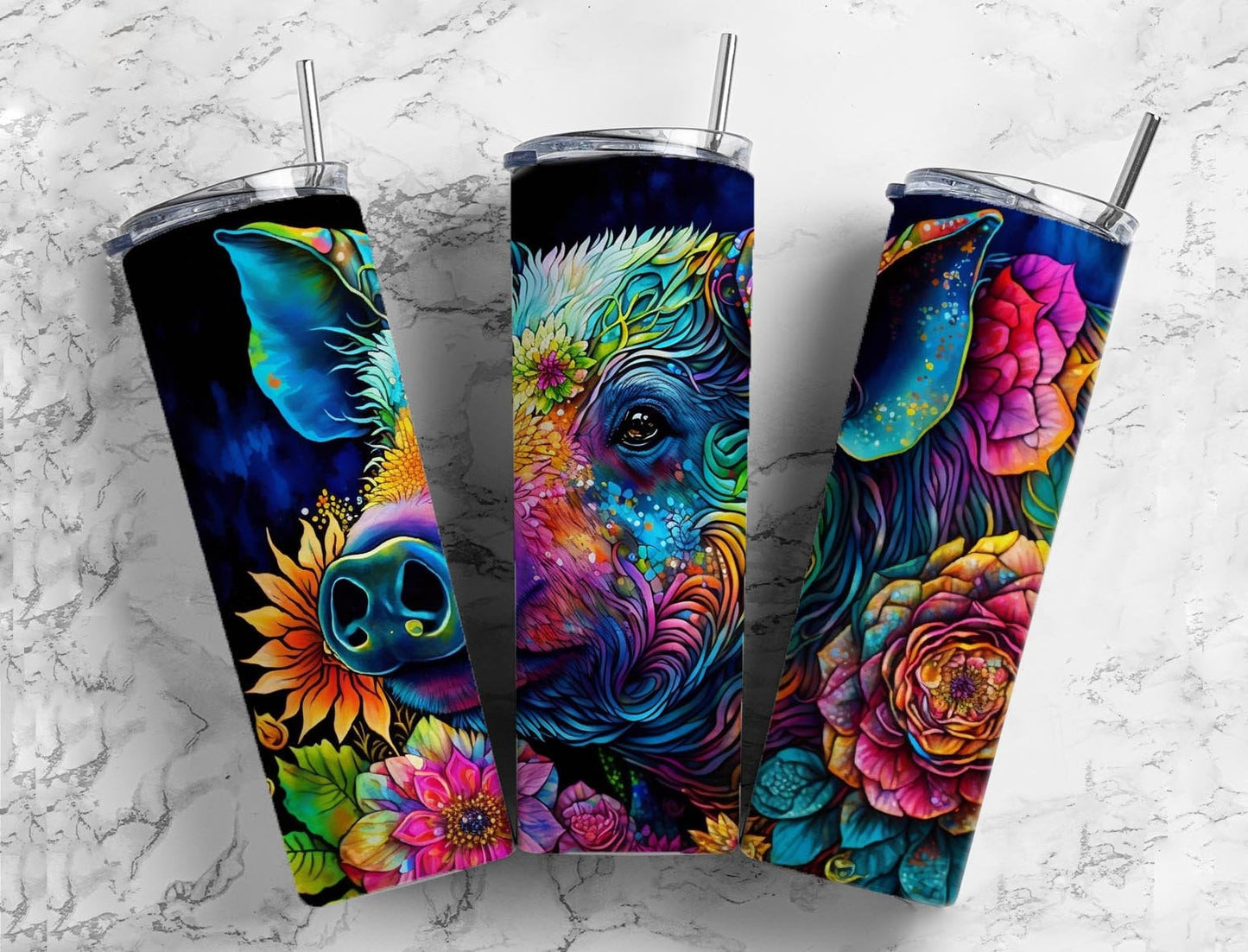 Colorful pig 20oz Sublimation Tumbler Designs, neon rainbow 9.2 x 8.3” Straight Skinny Tumbler Wrap PNG