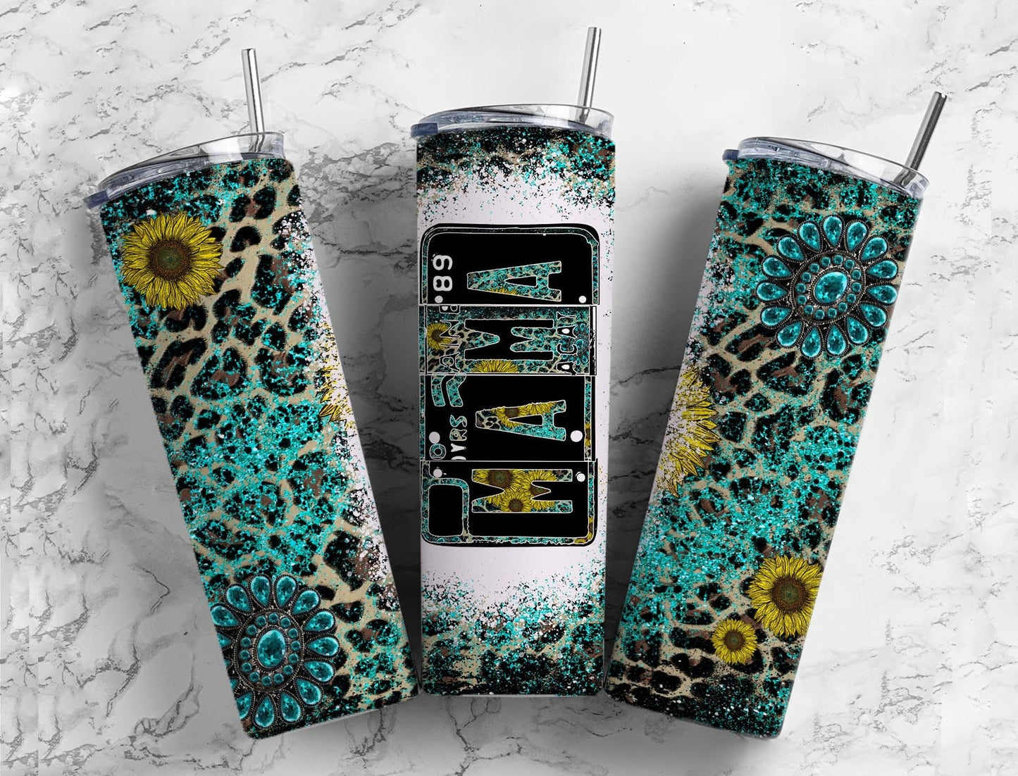 Turquoise Sunflower 20oz Sublimation Tumbler Designs, Mama Number Plate 9.2 x 8.3” Straight Skinny Tumbler, Tumbler Wrap PNG