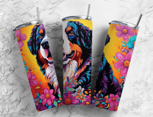 Bernese mountain dog 20oz Sublimation Tumbler Designs, Floral landscape 9.2 x 8.3” Straight Skinny Tumbler Wrap PNG (1)