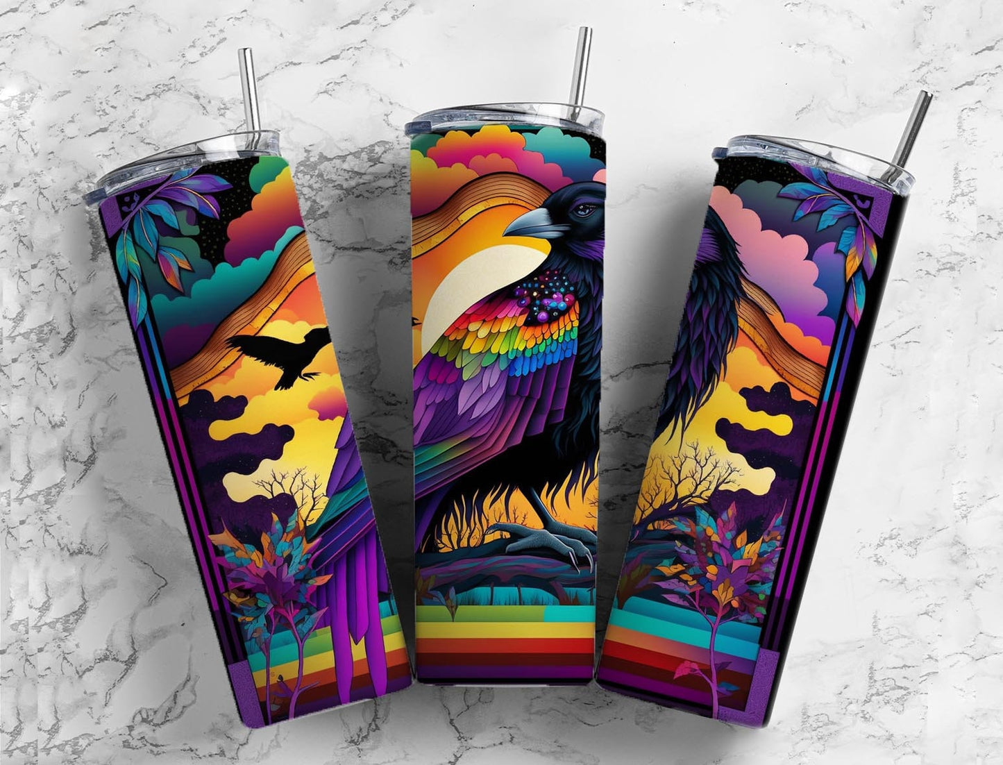 Crow 20oz Sublimation Tumbler Designs, Rainbow Patchwork Quilt 9.2 x 8.3” Straight Skinny Tumbler, Tumbler Wrap PNG