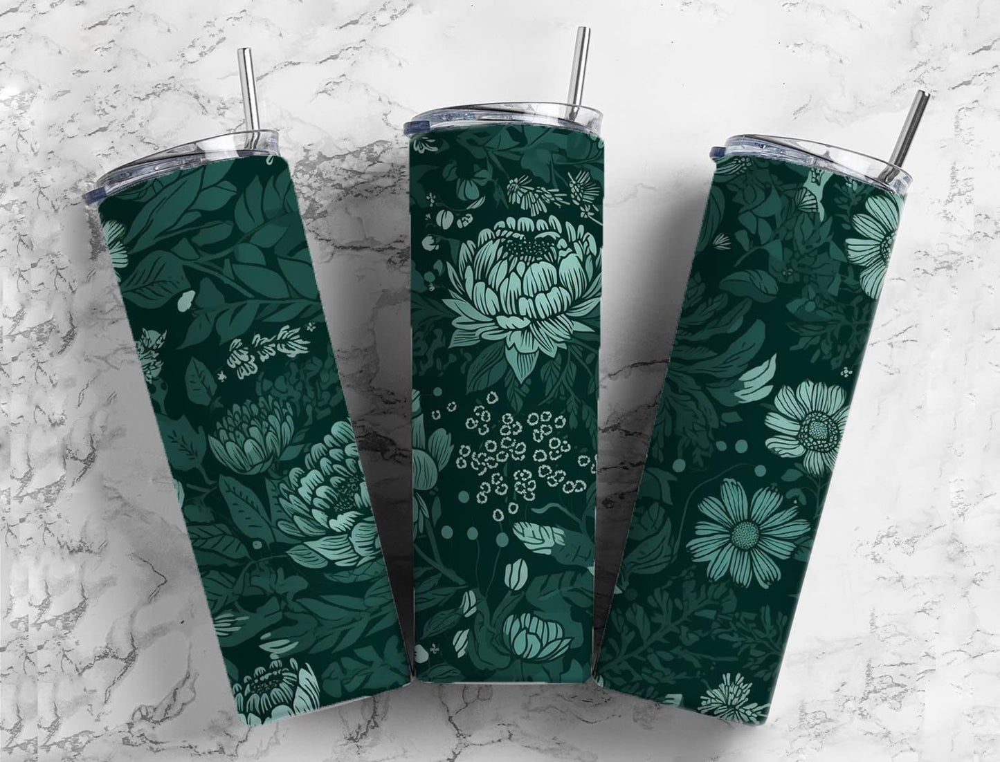 Dark green floral 20oz Sublimation Tumbler Designs, Floral 9.2 x 8.3” Straight Skinny Tumbler Wrap PNG