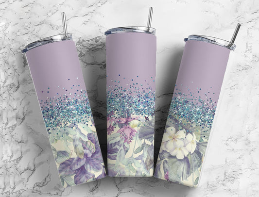 Botanical Classic 20oz Sublimation Tumbler Designs, Iridescent Glitter Purple 9.2 x 8.3” Straight Skinny Tumbler, 172