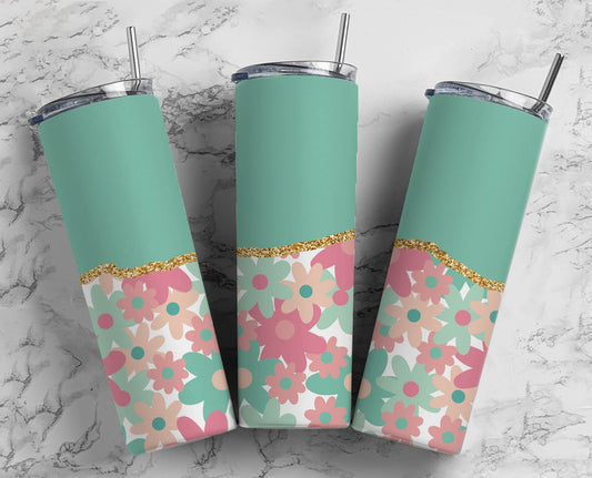 Retro Pink Mint White Flower 20oz Sublimation Tumbler Designs, AestheticFloral 9.2 x 8.3” Straight Skinny Tumbler Wrap PNG, Gold Agate 65