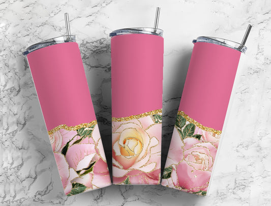 Soft pink rose floral 20oz Sublimation Tumbler Designs, Pink and gold 9.2 x 8.3” Straight Skinny Tumbler Wrap PNG