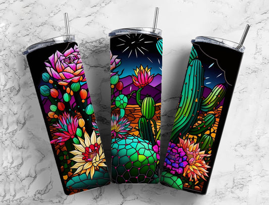 stained glass cactus 20oz Sublimation Tumbler Designs, rainbow neon 9.2 x 8.3” Straight Skinny Tumbler Wrap