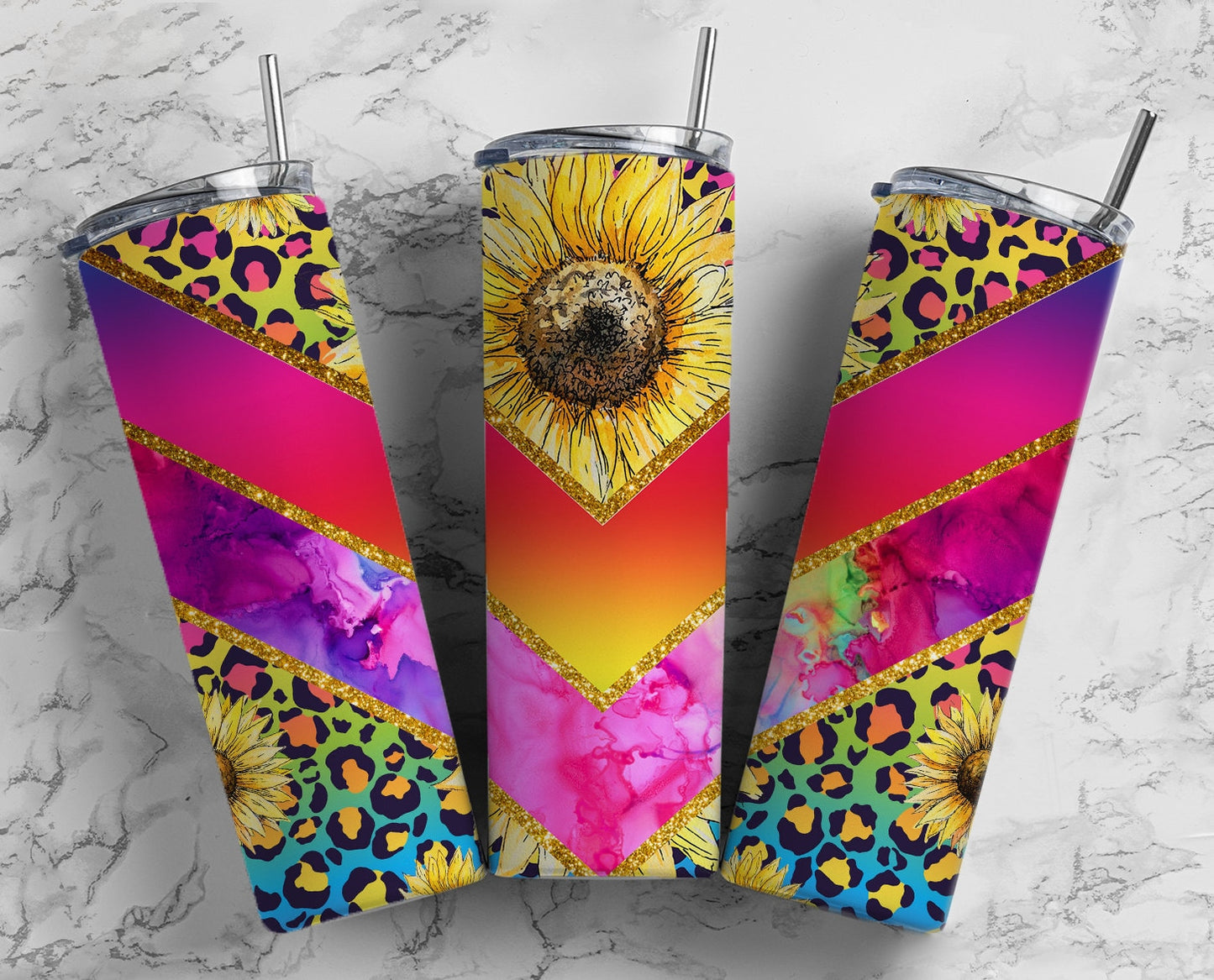 Bright Leopard Print Sunflower 20oz Sublimation Tumbler Designs, Flluro V Split 9.2 x 8.3” Straight Skinny Tumbler Wrap PNG