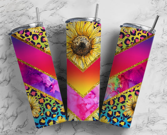 Bright Leopard Print Sunflower 20oz Sublimation Tumbler Designs, Flluro V Split 9.2 x 8.3” Straight Skinny Tumbler Wrap PNG