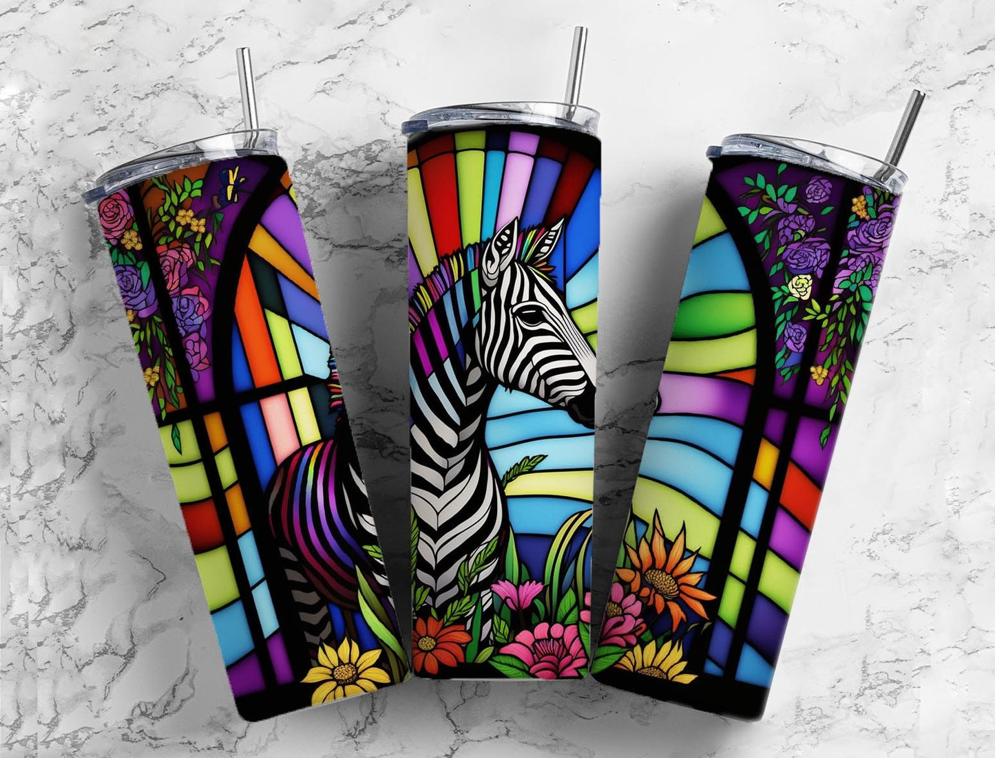 Stained glass zebra 20oz Sublimation Tumbler Designs, Rainbow neon 9.2 x 8.3” Straight Skinny Tumbler Wrap