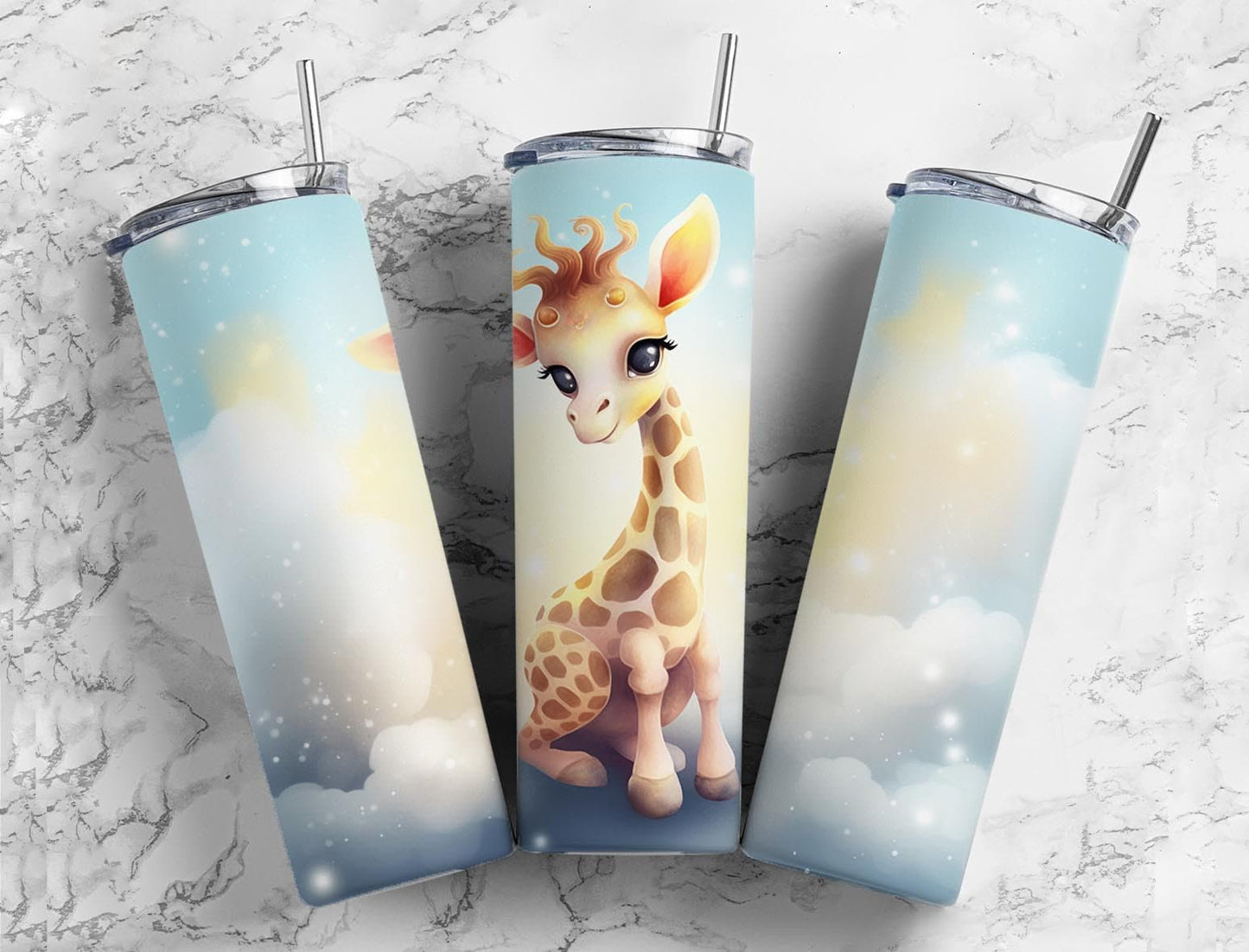 Baby giraffe 20oz Sublimation Tumbler Designs, Sky clouds 9.2 x 8.3” Straight Skinny Tumbler Wrap PNG