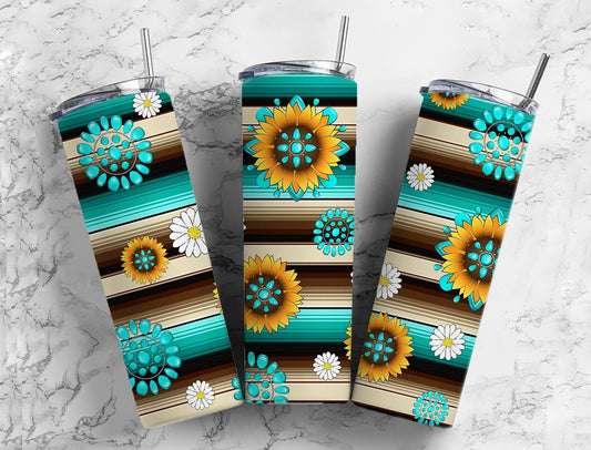 Sunflower serape 20oz Sublimation Tumbler Designs, Blue and brown striped 9.2 x 8.3” Straight Skinny Tumbler Wrap PNG