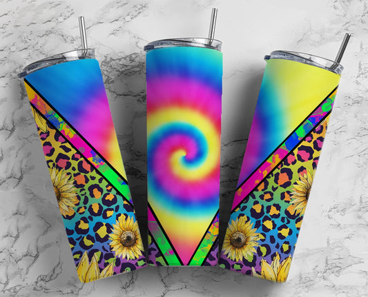 Tye Die 20oz Sublimation Tumbler Designs, Sunflower Leopard V Split 9.2 x 8.3” Straight Skinny Tumbler Wrap PNG 89, Hippy, Retro