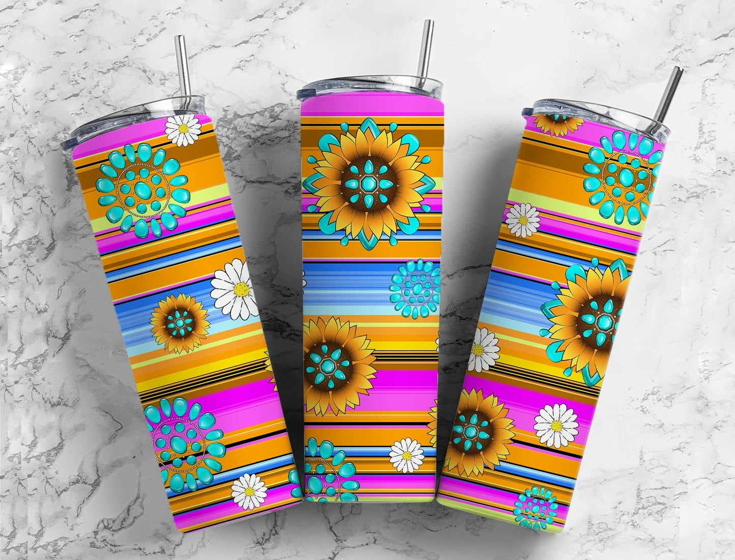 Striped sunflower 20oz Sublimation Tumbler Designs, serape floral 9.2 x 8.3” Straight Skinny Tumbler Wrap PNG