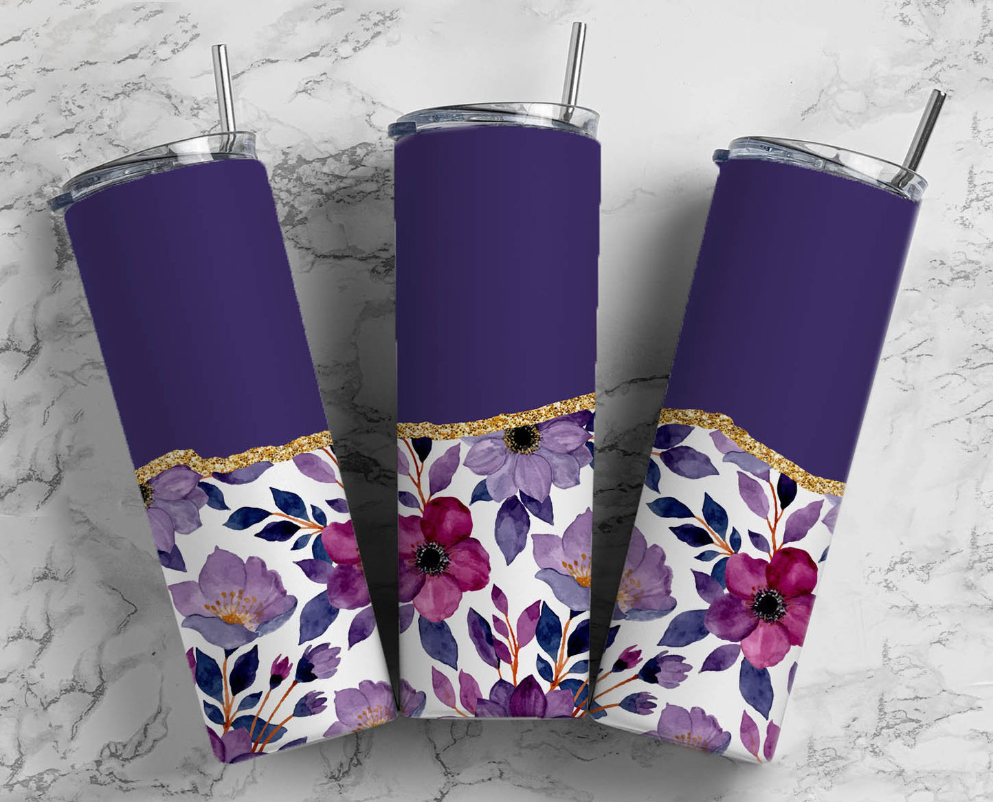 Purple Flower 20oz Sublimation Tumbler Designs, AestheticFloral 9.2 x 8.3” Straight Skinny Tumbler Wrap PNG, Gold Agate 143