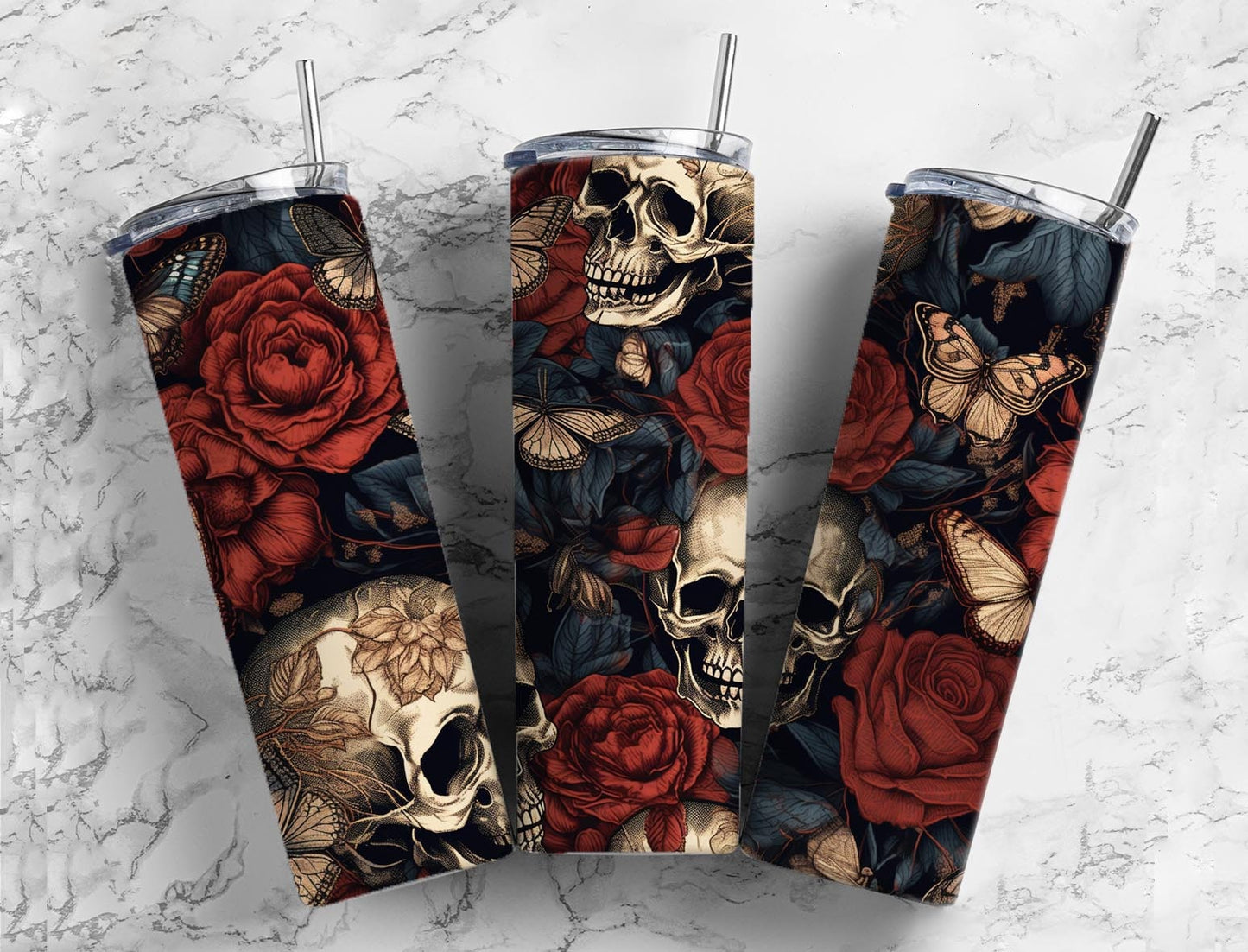 Roses and skulls 20oz Sublimation Tumbler Designs, Dark floral 9.2 x 8.3” Straight Skinny Tumbler Wrap PNG