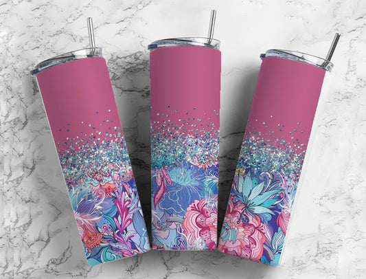 Blossoms Aesthetic 20oz Sublimation Tumbler Designs, Iridescent Glitter Pink 9.2 x 8.3” Straight Skinny Tumbler Wrap PNG