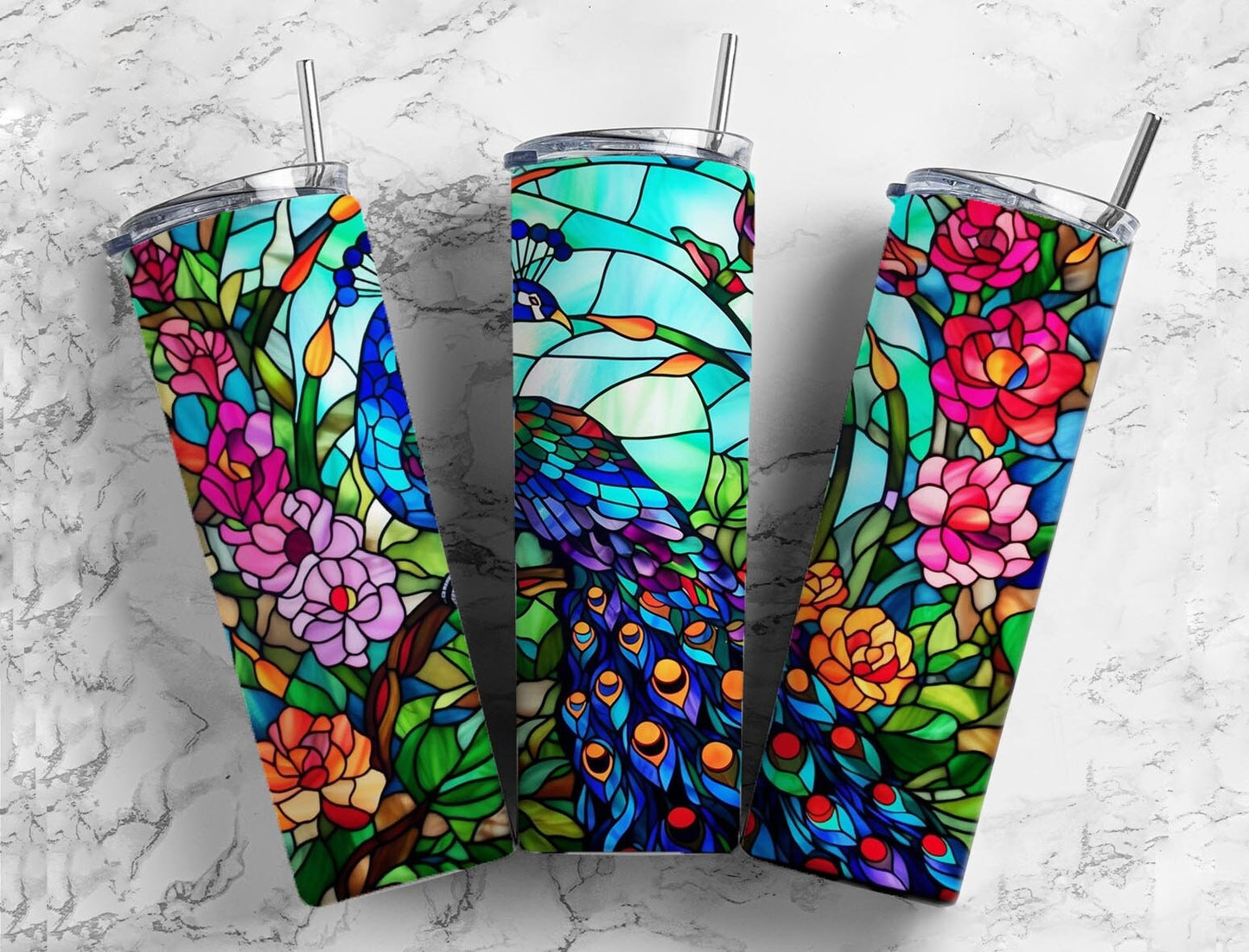 Stained glass 20oz Sublimation Tumbler Designs, Floral peacock 9.2 x 8.3” Straight Skinny Tumbler Wrap PNG