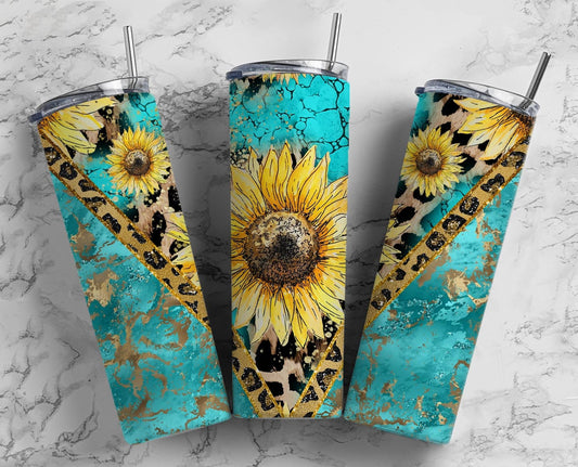 Sunflower Teal 20oz Sublimation Tumbler Designs, Golden V Split 9.2 x 8.3” Straight Skinny Tumbler Wrap