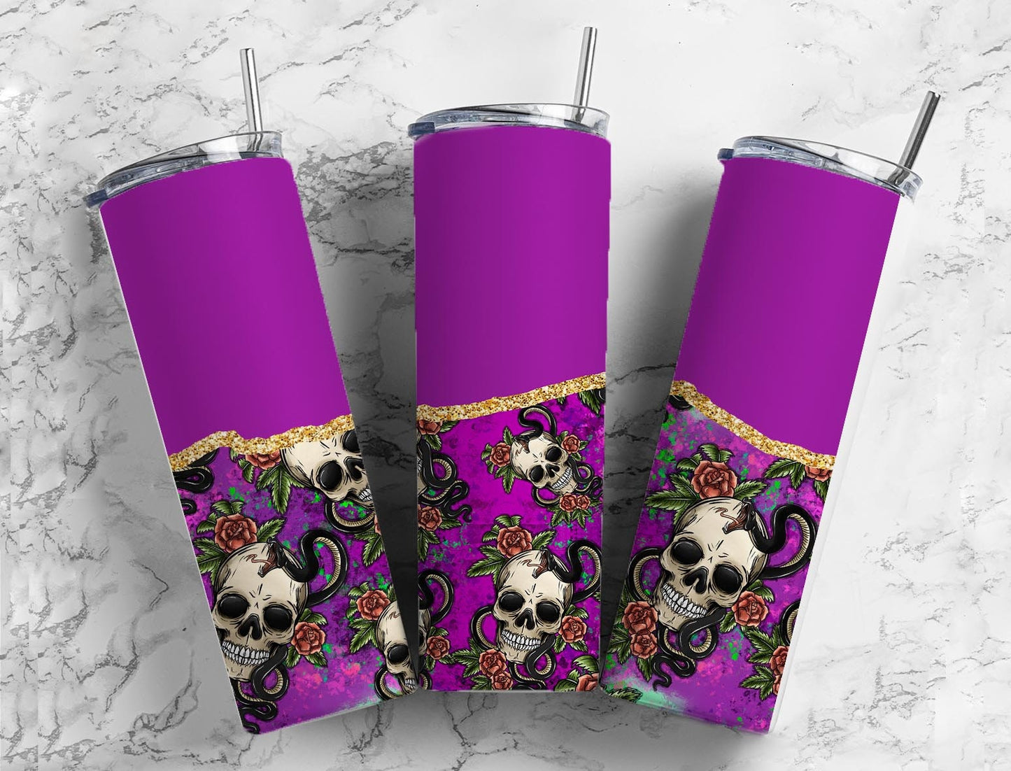 Purple Skull and Rose 20oz Sublimation Tumbler Designs, Black Rose 9.2 x 8.3” Straight Skinny Tumbler Wrap