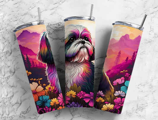 Colorful shih tzu 20oz Sublimation Tumbler Designs, floral landscape 9.2 x 8.3” Straight Skinny Tumbler Wrap PNG