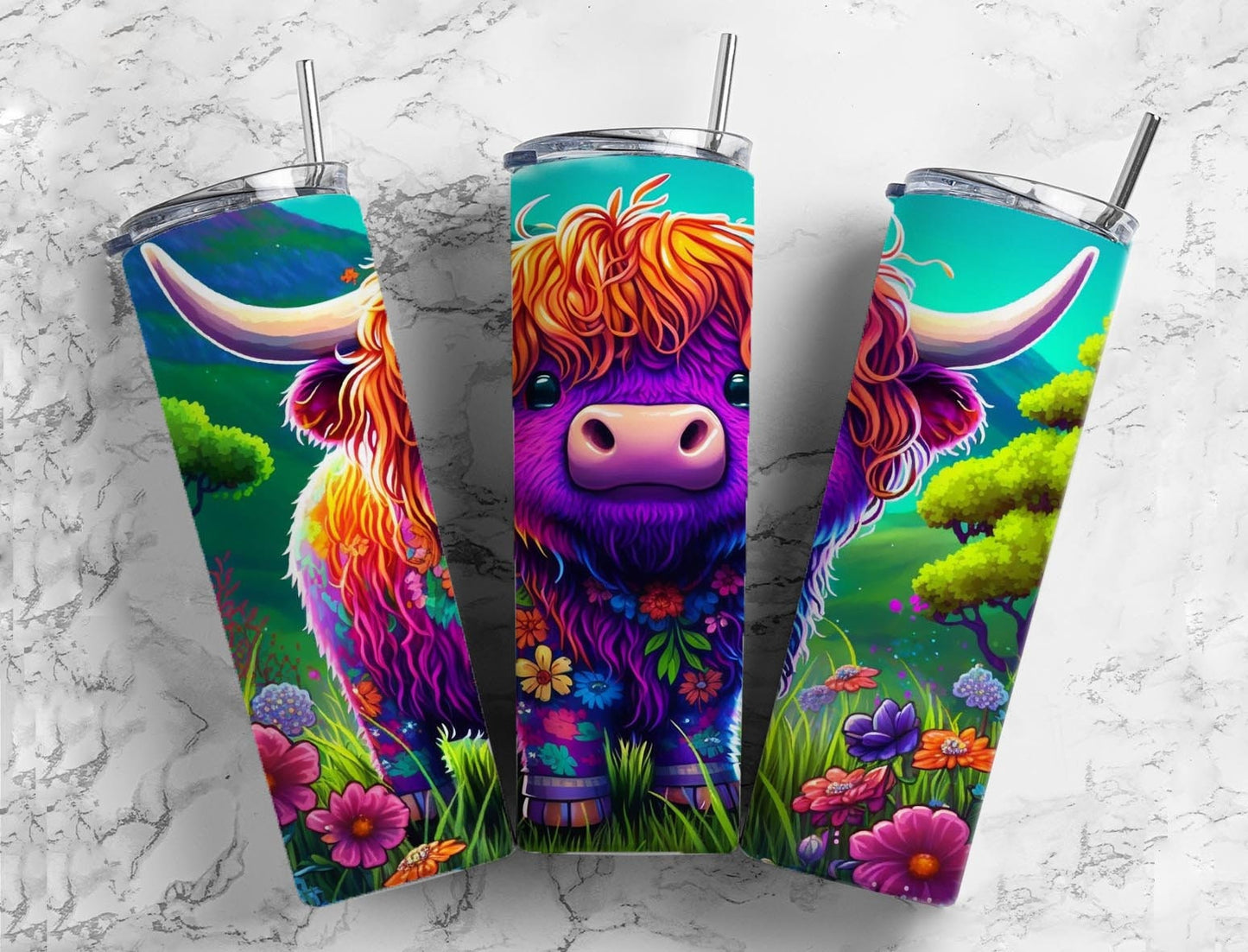 Cartoon highland cow 20oz Sublimation Tumbler Designs, Floral rainbow 9.2 x 8.3” Straight Skinny Tumbler Wrap PNG