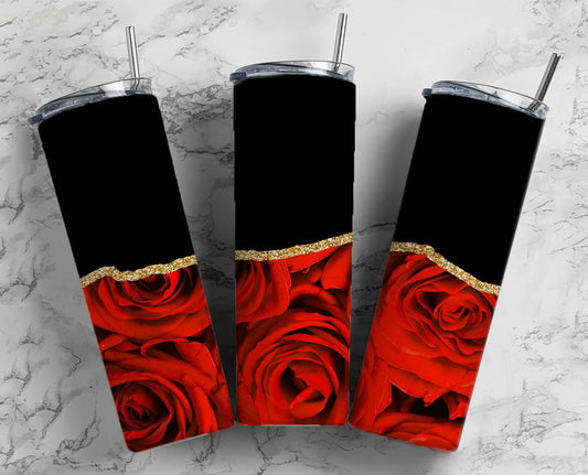 Black Red Rose Flower 20oz Sublimation Tumbler Designs, AestheticFloral 9.2 x 8.3” Straight Skinny Tumbler Wrap PNG, Gold Agate 176