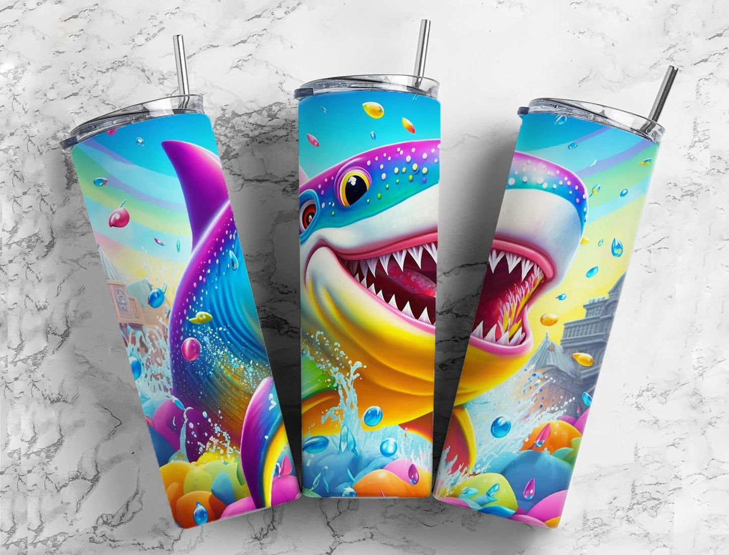 Cartoon shark 20oz Sublimation Tumbler Designs, Colorful ocean 9.2 x 8.3” Straight Skinny Tumbler Wrap PNG