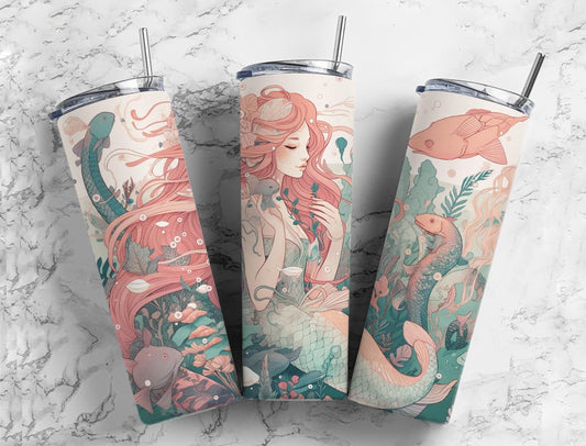 Pastel mermaid 20oz Sublimation Tumbler Designs, Underwater ocean 9.2 x 8.3” Straight Skinny Tumbler Wrap PNG