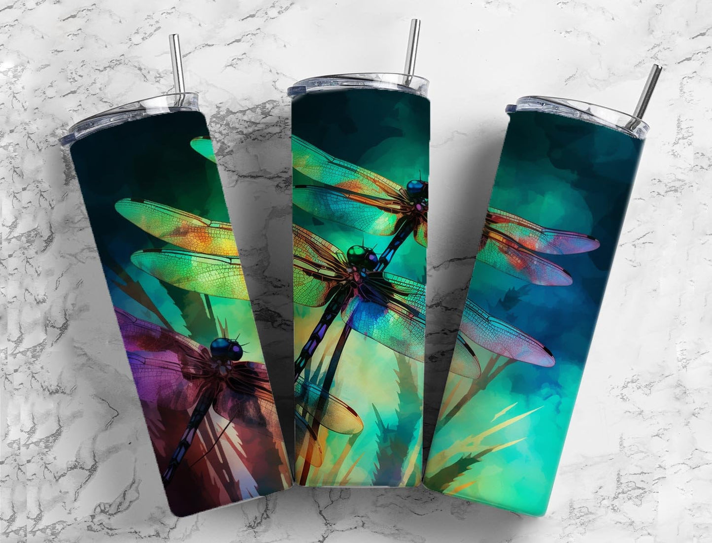 Dragonfly colorful 20oz Sublimation Tumbler Designs, alcohol ink 9.2 x 8.3” Straight Skinny Tumbler Wrap PNG