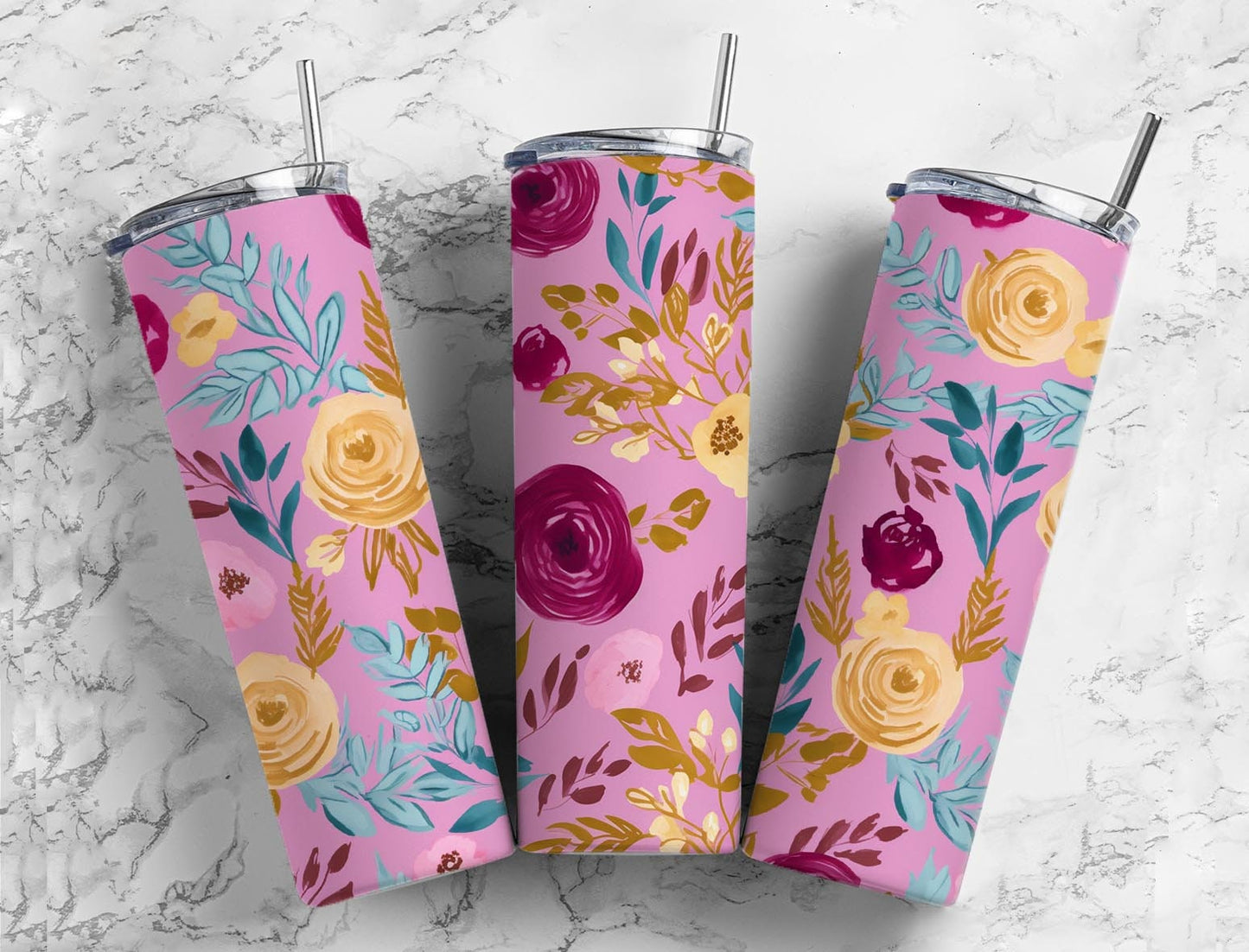 Colorful floral 20oz Sublimation Tumbler Designs, Purple and pink 9.2 x 8.3” Straight Skinny Tumbler Wrap PNG