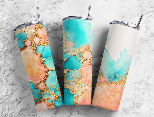 Blue and gold 20oz Sublimation Tumbler Designs, Acrylic pour 9.2 x 8.3” Straight Skinny Tumbler Wrap PNG