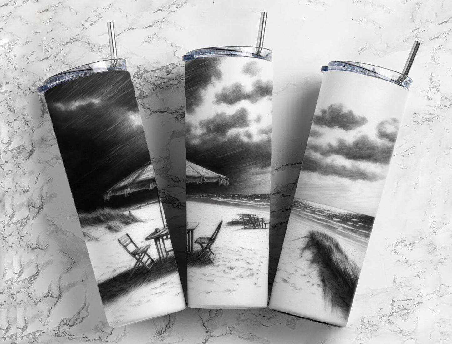 Beach Walk 20oz Sublimation Tumbler Designs, Charcoal Painting 9.2 x 8.3” Straight Skinny Tumbler, Tumbler Wrap PNG