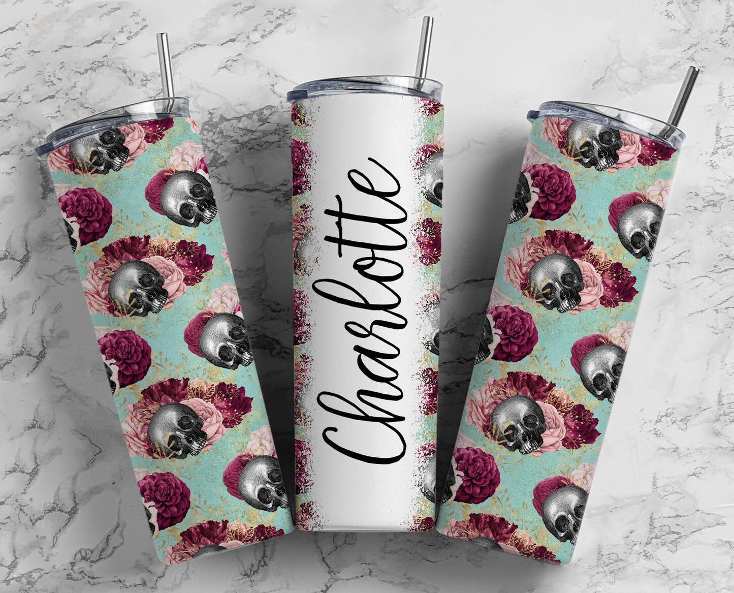 Skull print 20oz Sublimation Tumbler Designs, Pink floral 9.2 x 8.3” Straight Skinny Tumbler Wrap PNG