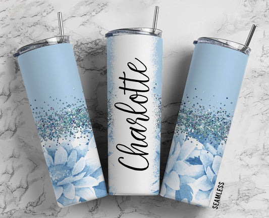 Baby Blue Floral 20oz Sublimation Tumbler Designs, Flower Glitter Split 9.2 x 8.3” Straight Skinny Tumbler Wrap PNG, Aesthetic