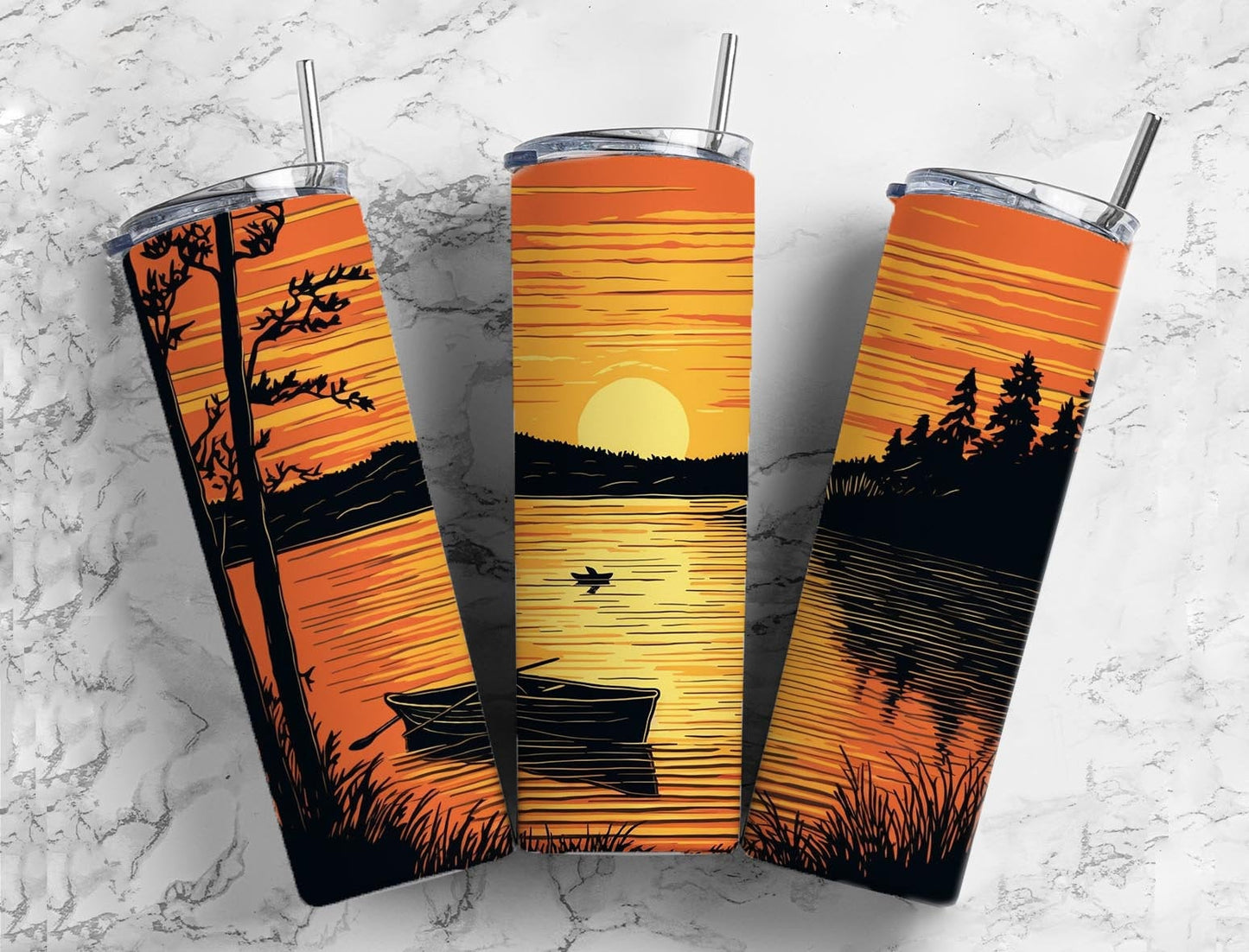 River sunset 20oz Sublimation Tumbler Designs, canoe boat 9.2 x 8.3” Straight Skinny Tumbler Wrap PNG