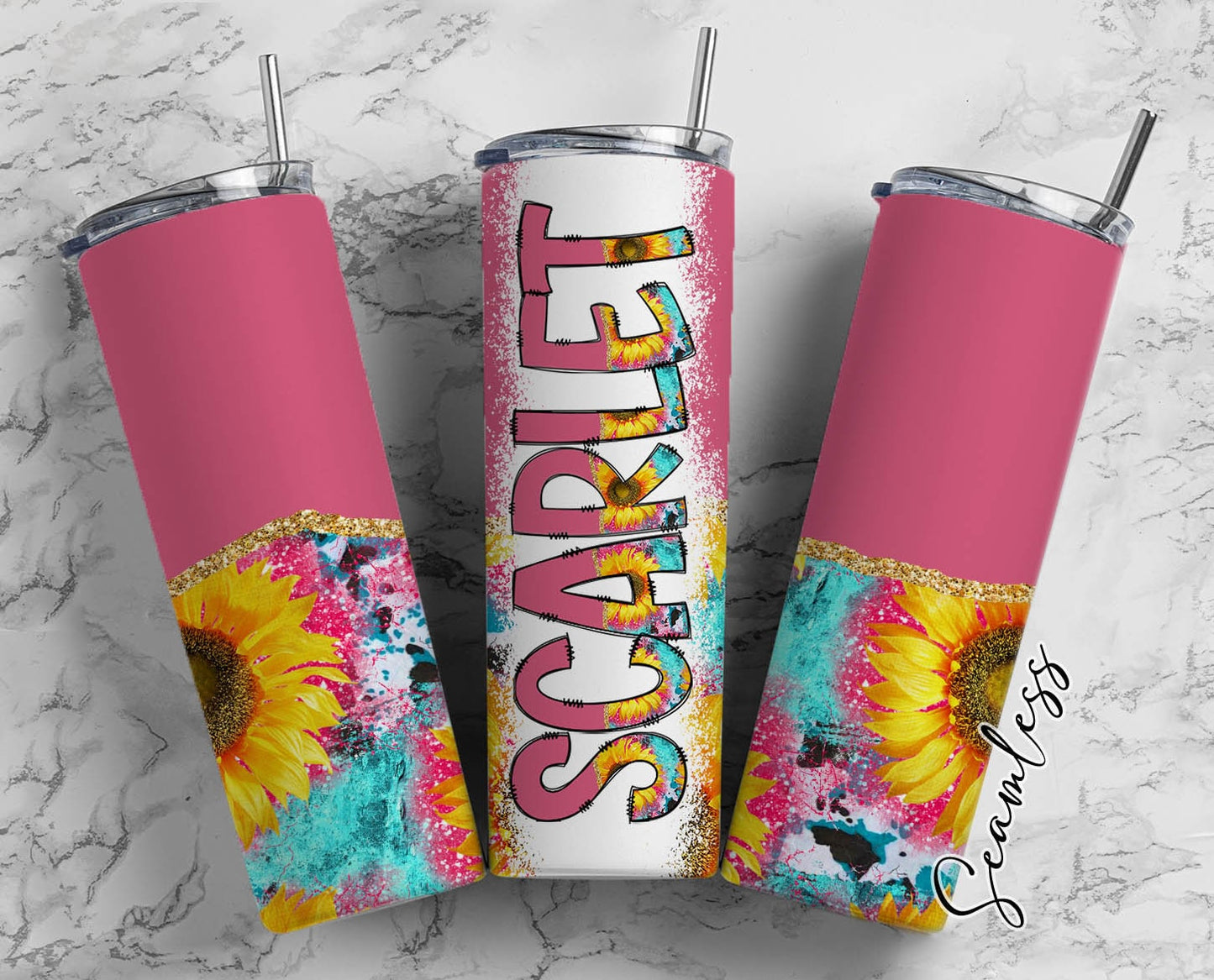 Pink Sunflower Tumbler Wrap with Matching Doodle Letter Alphabet PNG, Turquoise Country Add your Own name 20oz Tumbler, Alpha Set PNG 22