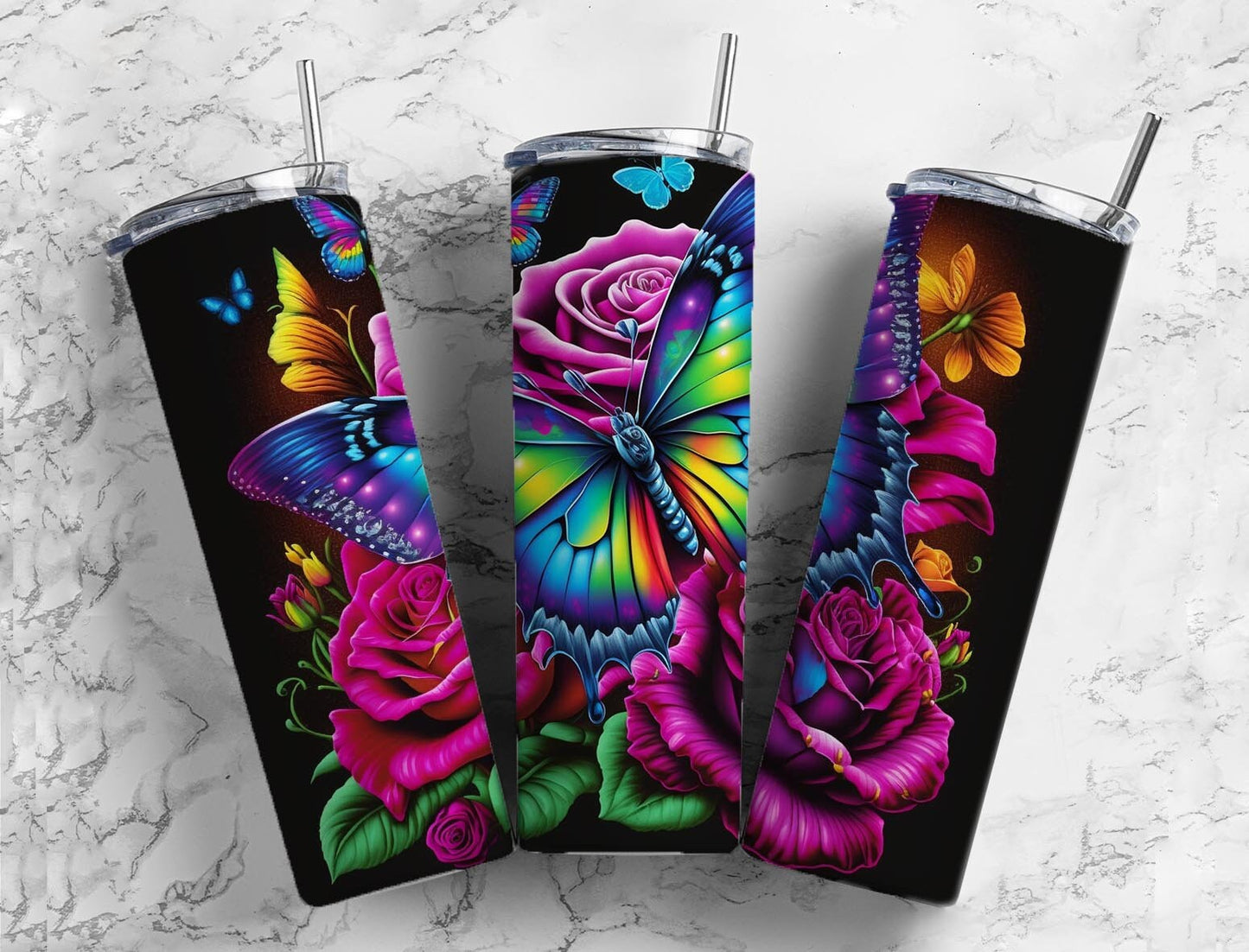 Roses and butterfly 20oz Sublimation Tumbler Designs, rainbow neon 9.2 x 8.3” Straight Skinny Tumbler Wrap PNG