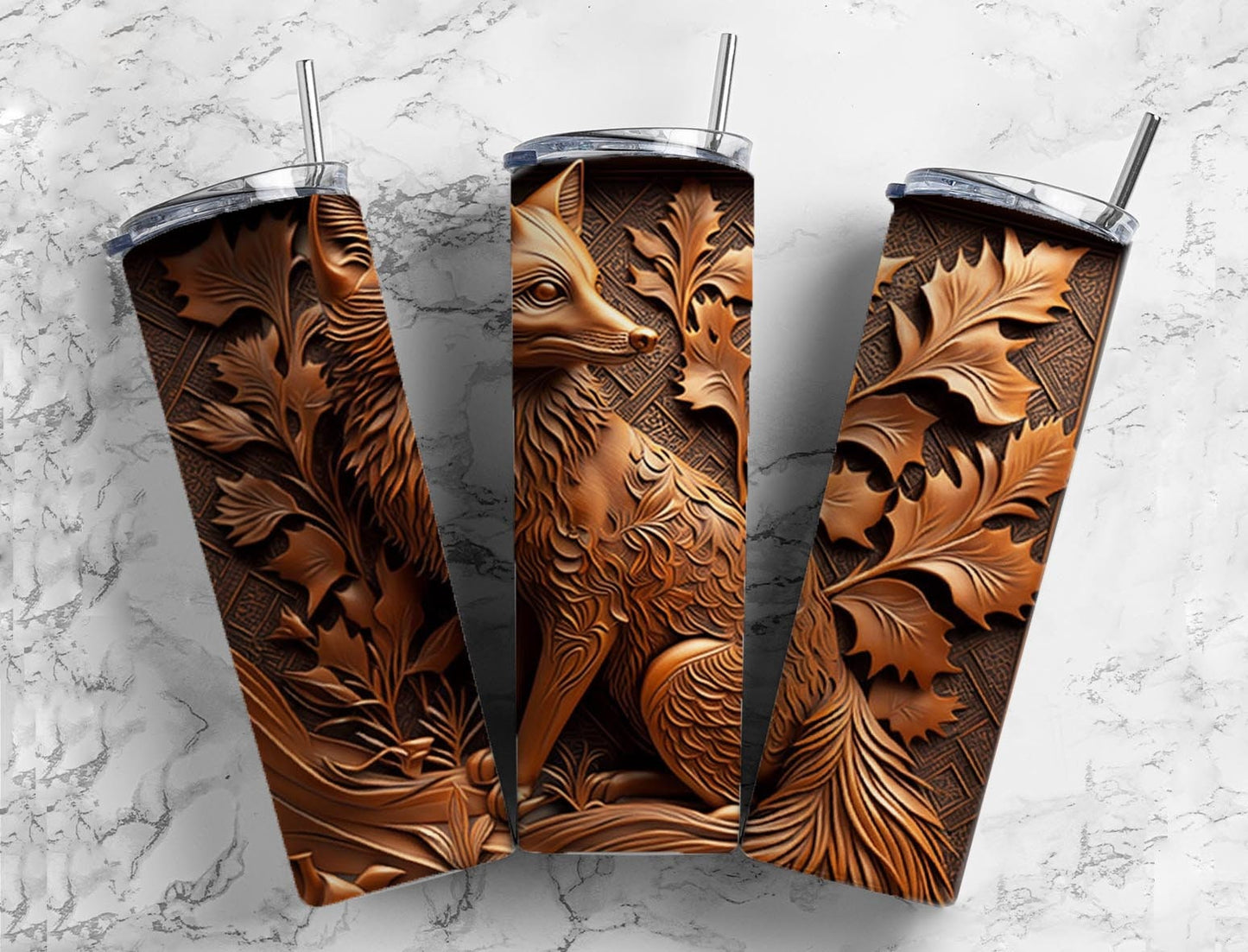 Engraved leather fox 20oz Sublimation Tumbler Designs, Tooled leather 9.2 x 8.3” Straight Skinny Tumbler Wrap PNG