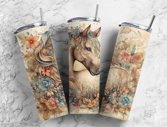 Brown horse 20oz Sublimation Tumbler Design, soft floral 9.2 x 8.3” Straight Skinny Tumbler Wrap PNG