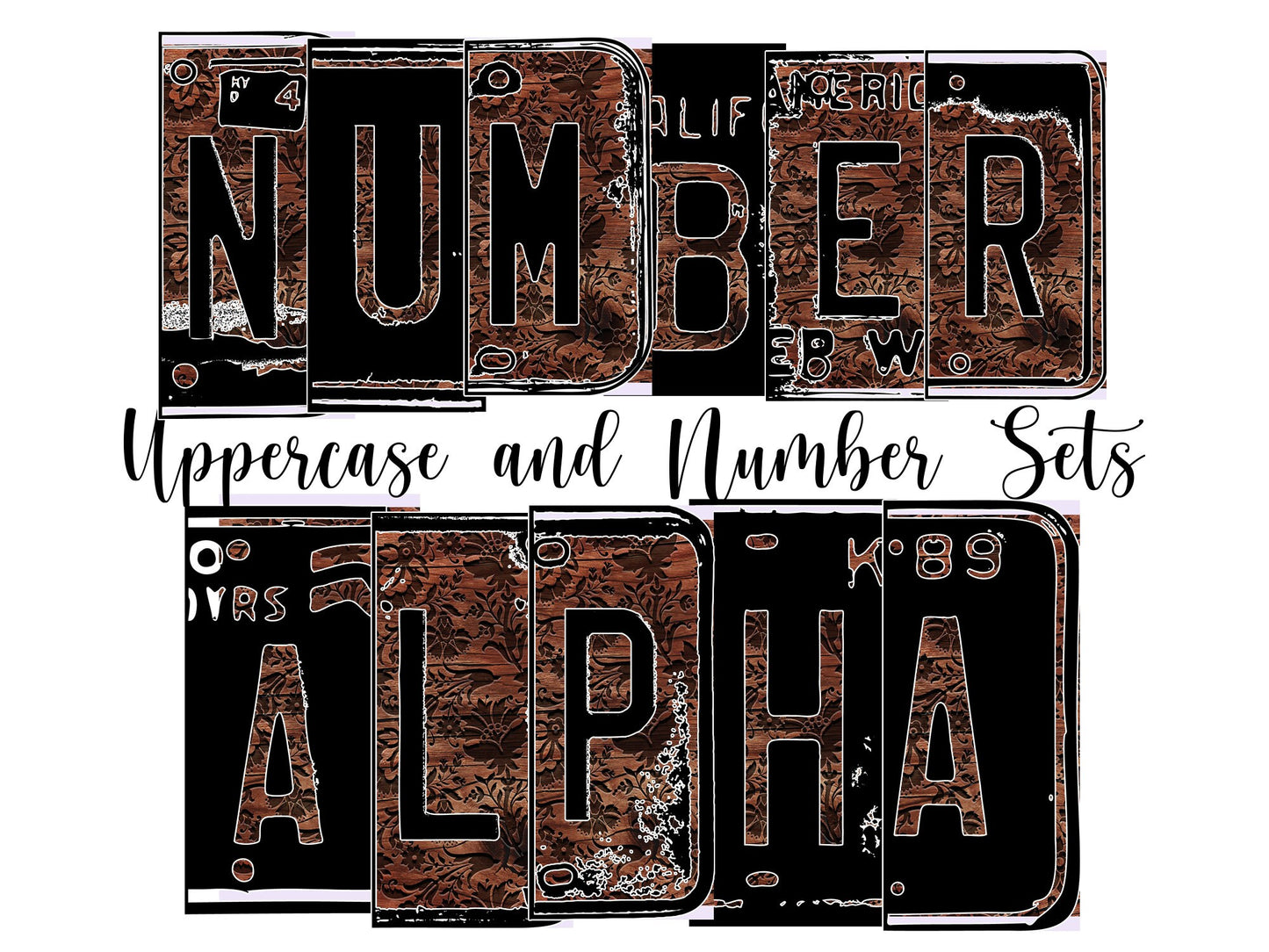 Engraved Wood Number Plate Alphabet Uppercase Numbers PNG, Floral Alphabet PNG Digital Download