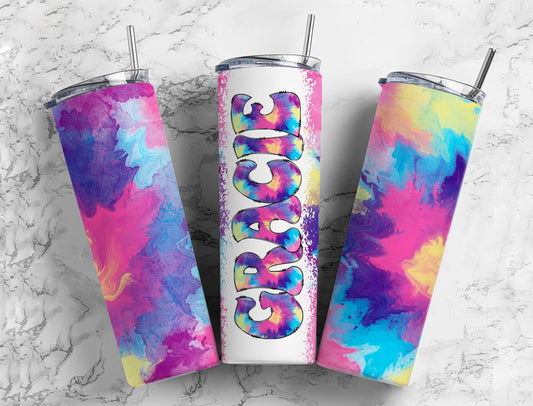 Tie Dye 20oz Tumbler Wrap with Matching Retro Doodle Letter, Aesthetic Alphabet PNG, Add your Own name Tumbler