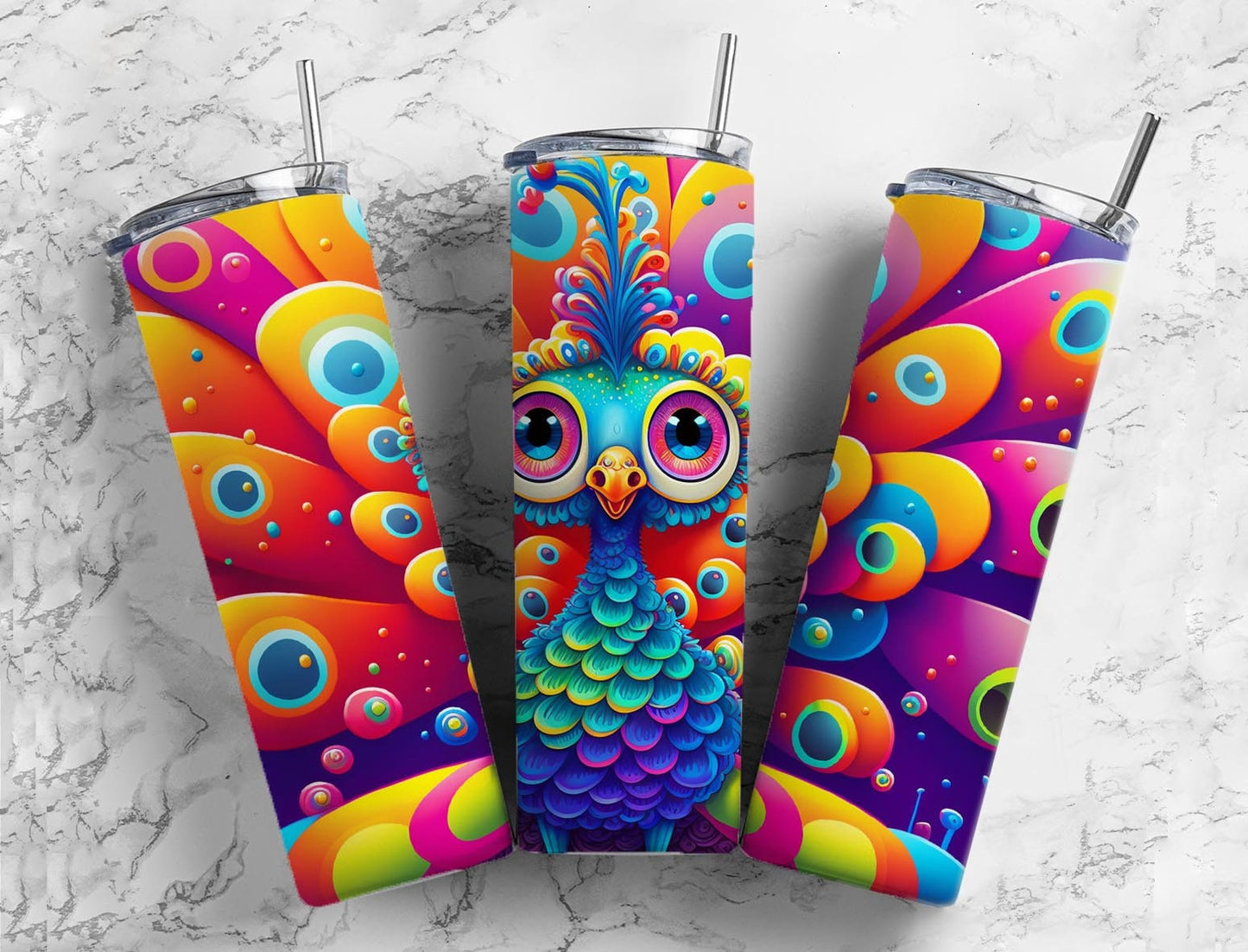 Cartoon peacock 20oz Sublimation Tumbler Designs, Colorful bird 9.2 x 8.3” Straight Skinny Tumbler Wrap PNG