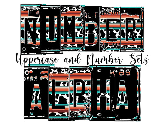 Cow Serape Number Plate Alphabet Uppercase Numbers PNG, Teal brown Alphabet PNG Digital Download