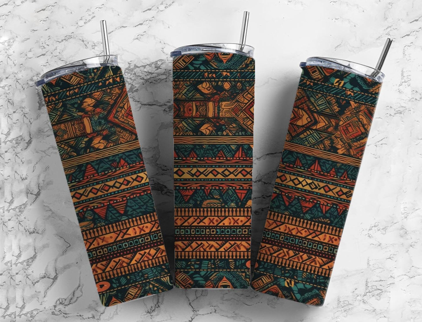 Tribal pattern 20oz Sublimation Tumbler Designs, Blue and orange 9.2 x 8.3” Straight Skinny Tumbler Wrap PNG