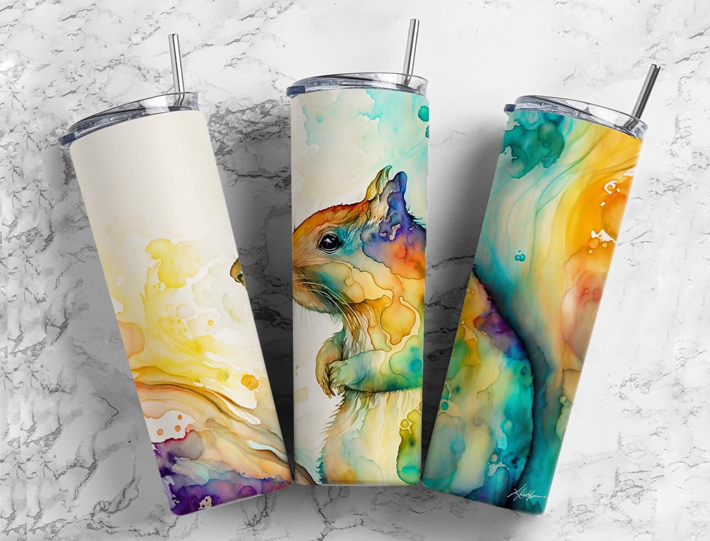 Squirrel Chipmunk 20oz Sublimation Tumbler Designs, Watercolor Ink 9.2 x 8.3” Straight Skinny Tumbler, Tumbler Wrap PNG