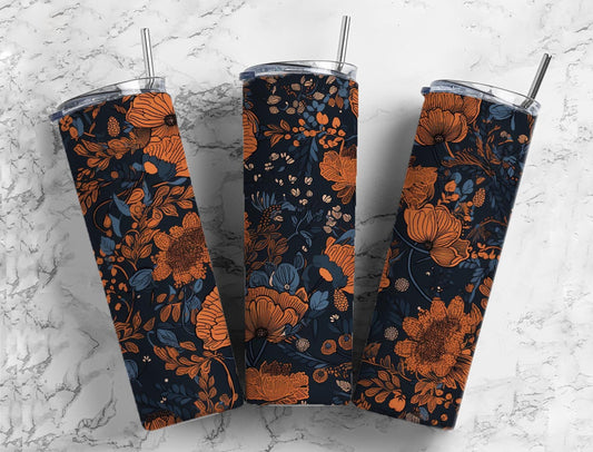 Retro floral 20oz Sublimation Tumbler Designs, Navy and orange 9.2 x 8.3” Straight Skinny Tumbler Wrap PNG