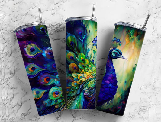 Alcohol Ink Peacock 20oz Sublimation Tumbler Designs, Peacock Feather 9.2 x 8.3” Straight Skinny Tumbler Wrap PNG, Sublimation Design PNG