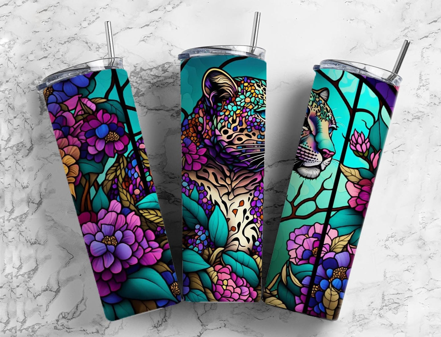 stained glass leopard 20oz Sublimation Tumbler Designs, rainbow neon 9.2 x 8.3” Straight Skinny Tumbler Wrap